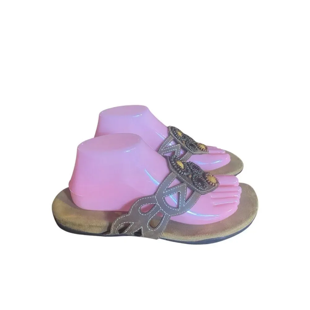 Minnetonka Open Toe Brown Beaded Jeweled Front  Flip Flop Sandals Wm’s Sz 7